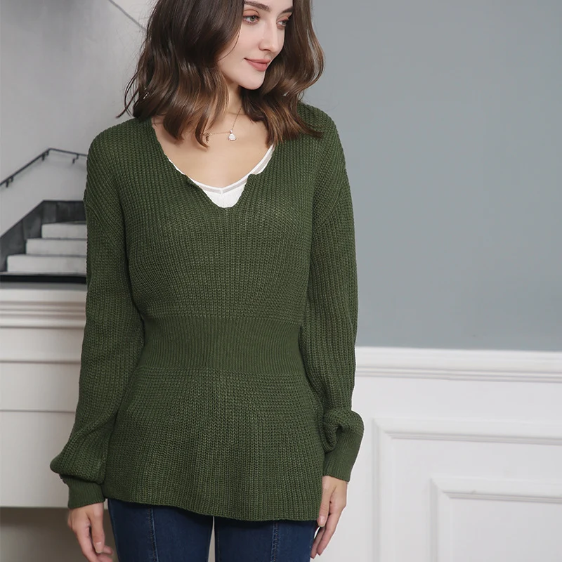 Damen Lockerer Feinstrick-Pullover mit V-Notch-Ausschnitt, Tailliertem Rippbund und Ballonärmeln Nord Taschen