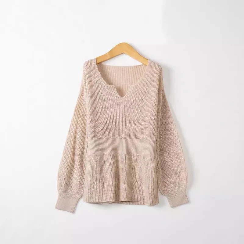 Damen Lockerer Feinstrick-Pullover mit V-Notch-Ausschnitt, Tailliertem Rippbund und Ballonärmeln Nord Taschen
