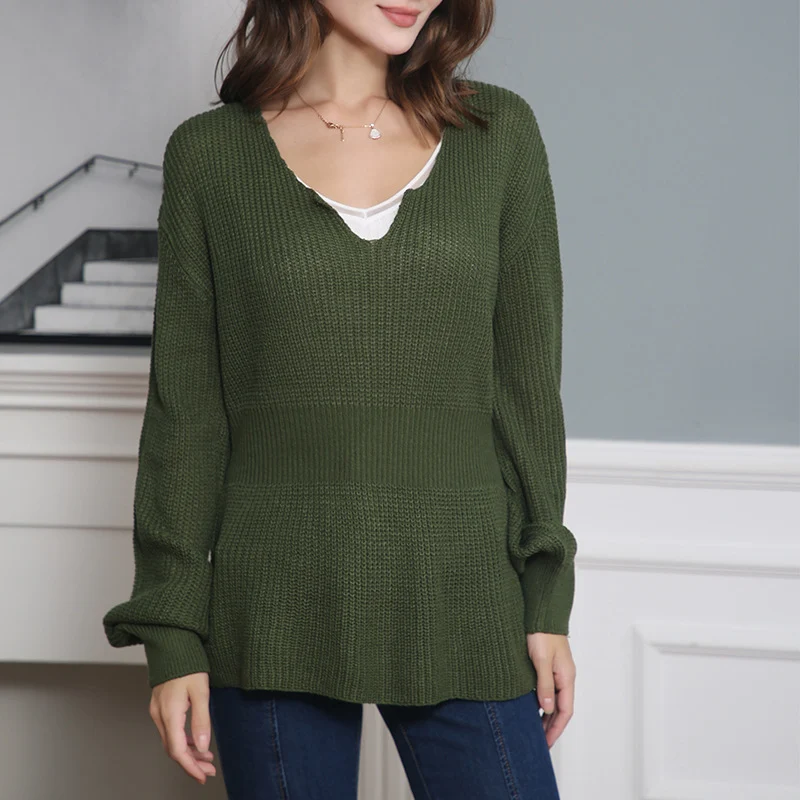 Damen Lockerer Feinstrick-Pullover mit V-Notch-Ausschnitt, Tailliertem Rippbund und Ballonärmeln Nord Taschen