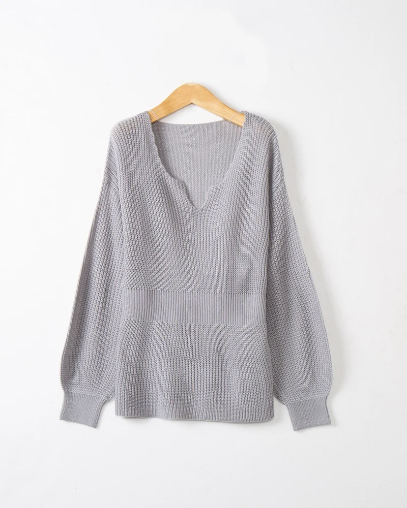 Damen Lockerer Feinstrick-Pullover mit V-Notch-Ausschnitt, Tailliertem Rippbund und Ballonärmeln Nord Taschen
