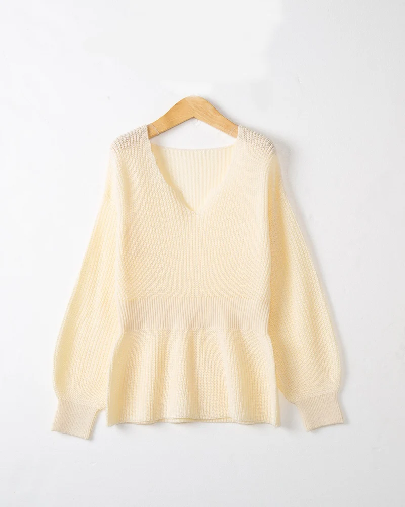 Damen Lockerer Feinstrick-Pullover mit V-Notch-Ausschnitt, Tailliertem Rippbund und Ballonärmeln Nord Taschen