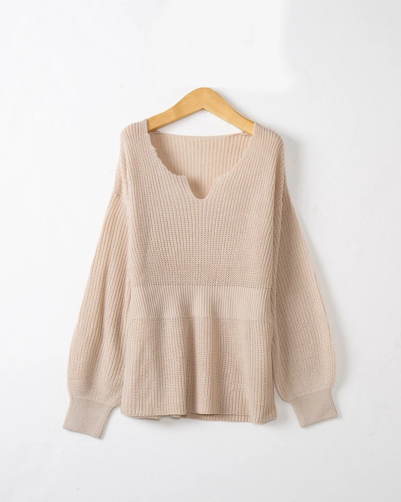 Damen Lockerer Feinstrick-Pullover mit V-Notch-Ausschnitt, Tailliertem Rippbund und Ballonärmeln Nord Taschen