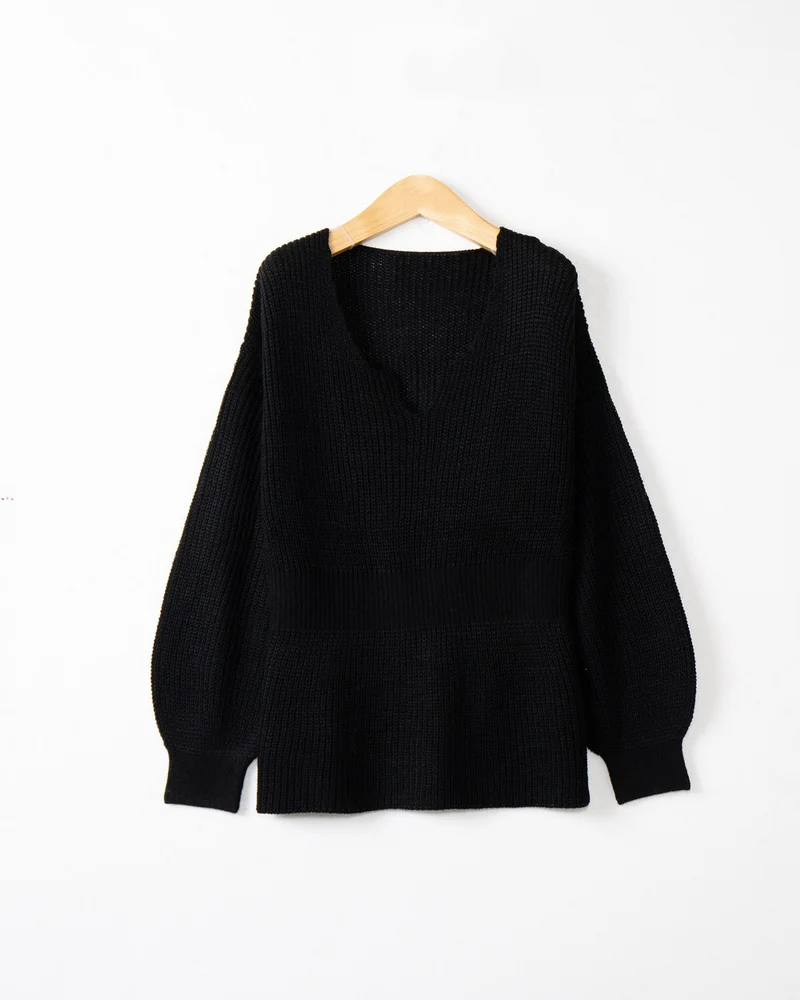 Damen Lockerer Feinstrick-Pullover mit V-Notch-Ausschnitt, Tailliertem Rippbund und Ballonärmeln Nord Taschen