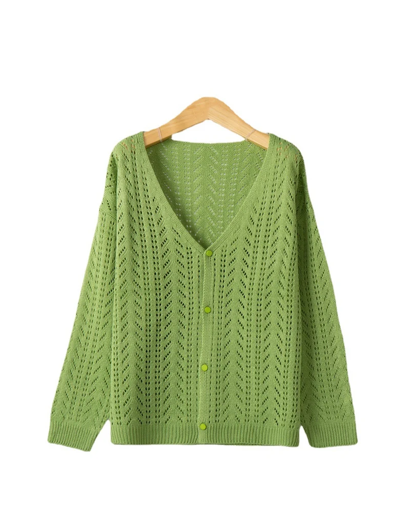 Damen Leichte Ajour-Strickjacke mit tiefem V-Ausschnitt und Knopfleiste Nord Taschen