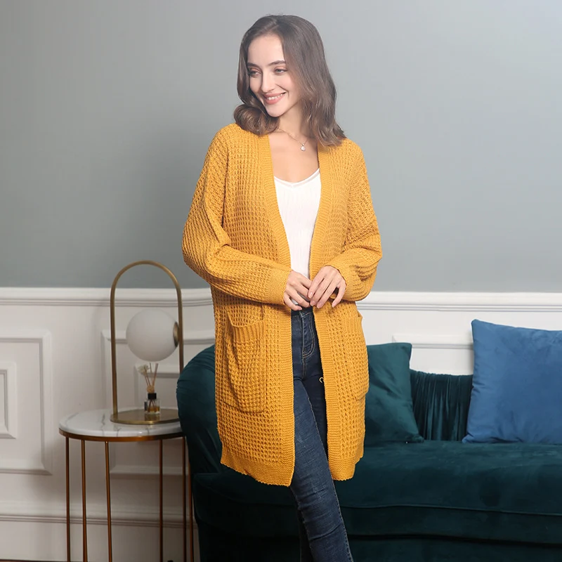 Damen Langer Oversize Strickmantel mit offener Front und aufgesetzten Taschen Nord Taschen