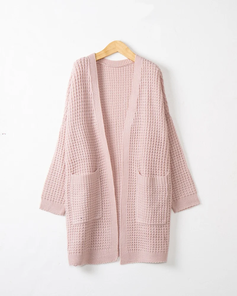 Damen Langer Oversize Strickmantel mit offener Front und aufgesetzten Taschen Nord Taschen