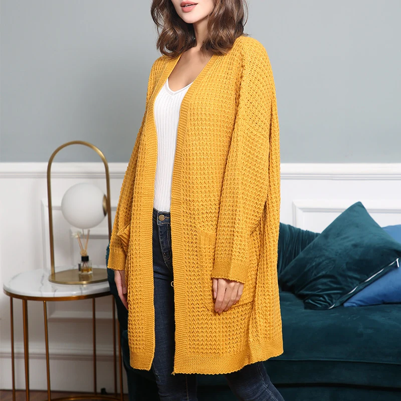 Damen Langer Oversize Strickmantel mit offener Front und aufgesetzten Taschen Nord Taschen