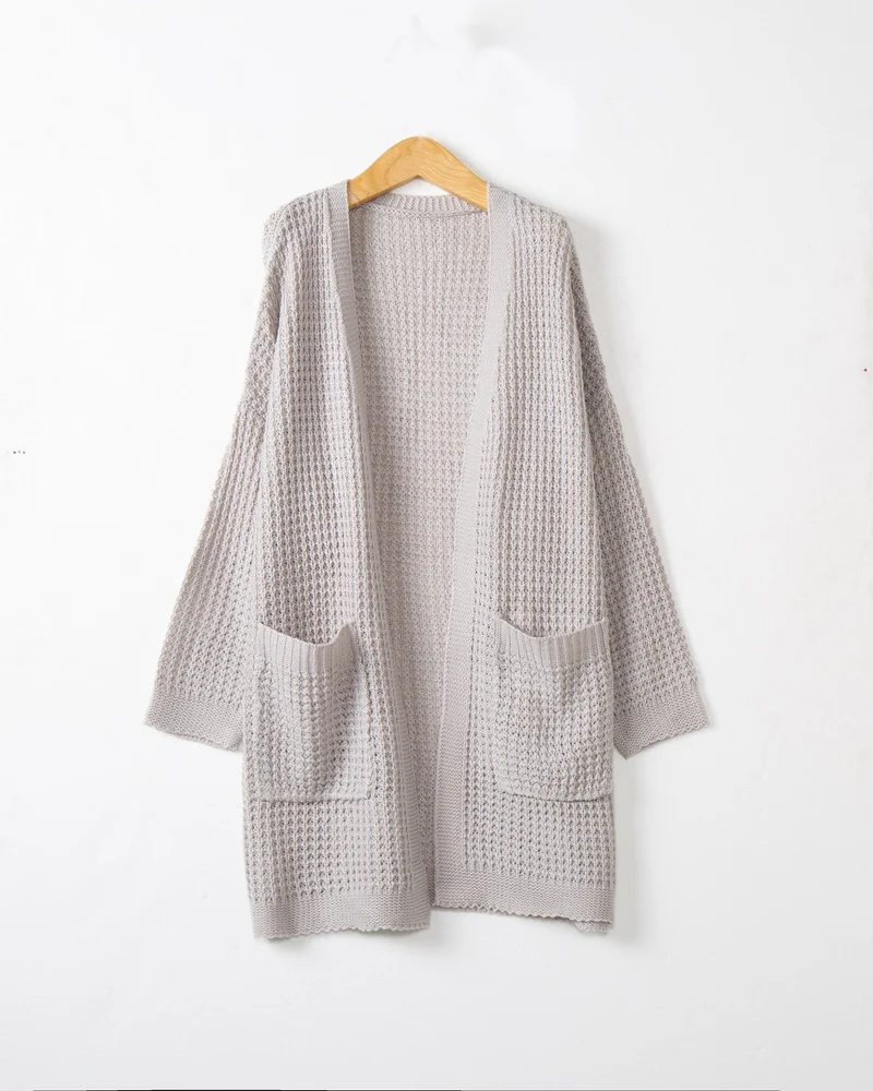 Damen Langer Oversize Strickmantel mit offener Front und aufgesetzten Taschen Nord Taschen