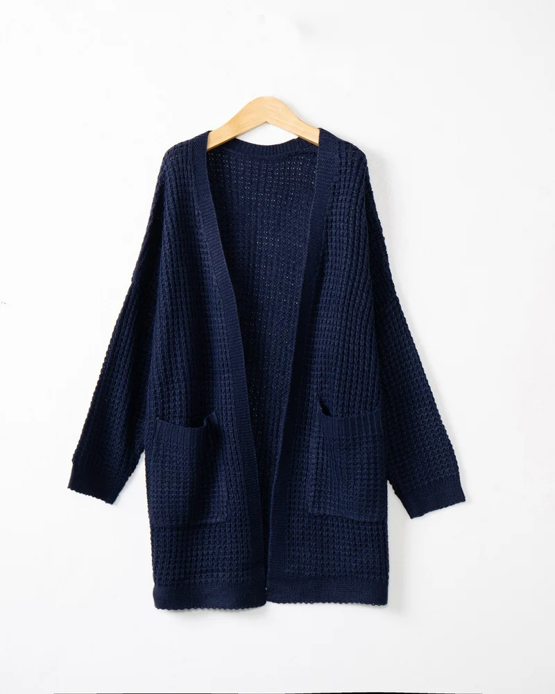 Damen Langer Oversize Strickmantel mit offener Front und aufgesetzten Taschen Nord Taschen
