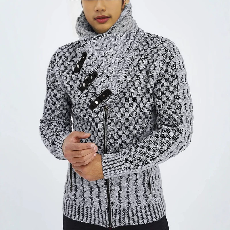 Herren Grobstrick-Cardigan mit asymmetrischem Wickelkragen und Reißverschluss Nord Taschen