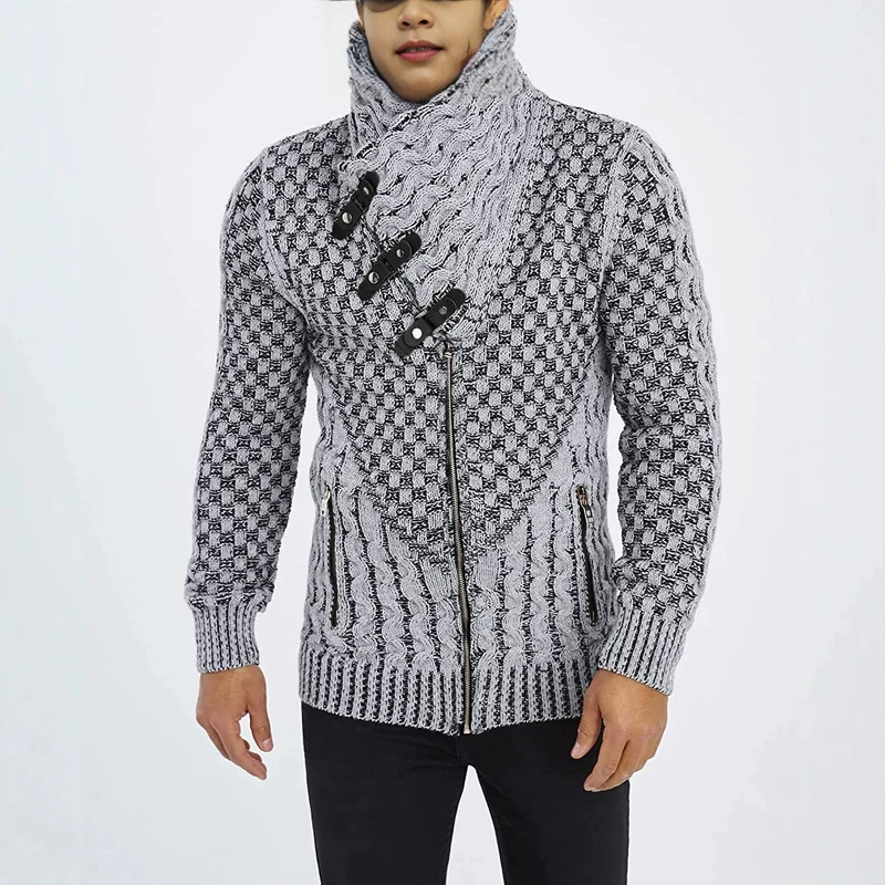 Herren Grobstrick-Cardigan mit asymmetrischem Wickelkragen und Reißverschluss Nord Taschen