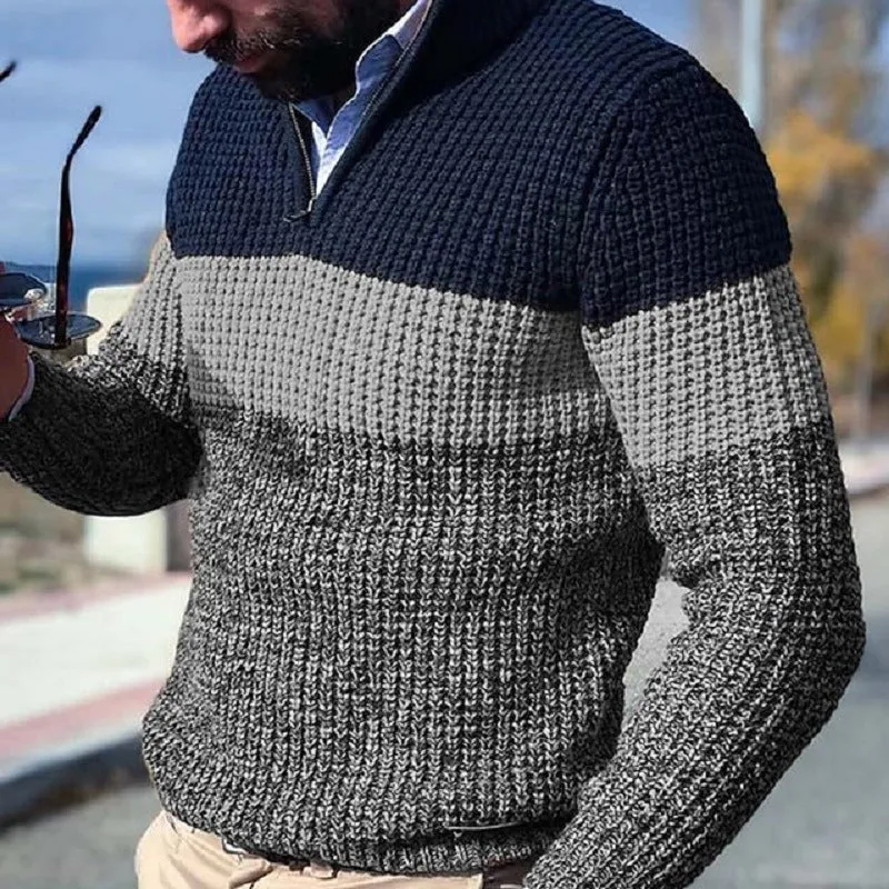 Herren Grobgestrickter Strukturstrick-Pullover mit halbem Reißverschluss und Raglanärmeln Nord Taschen