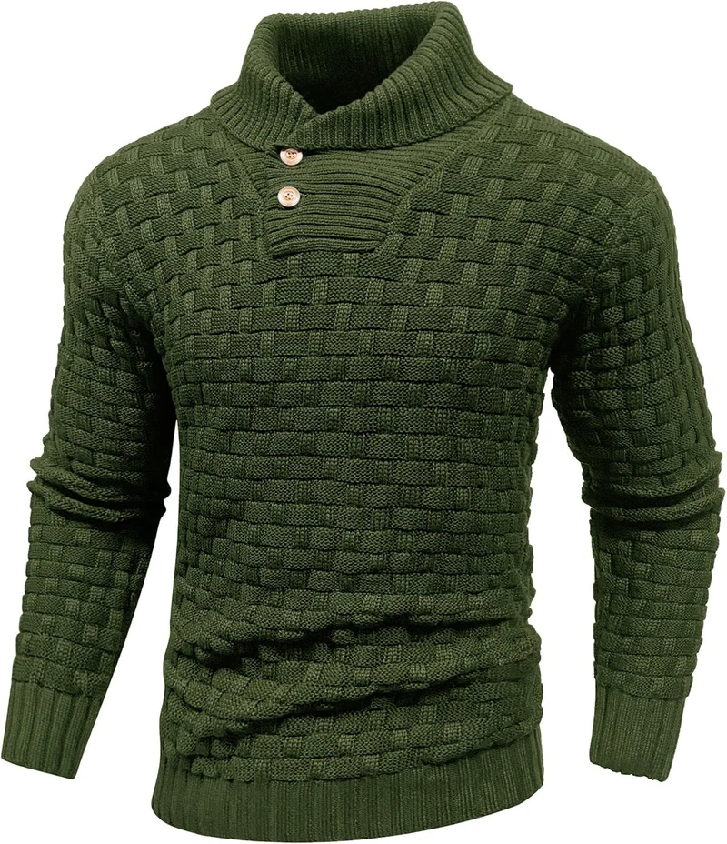 Herren Grobgestrickter Pullover mit hohem Rollkragen, Knopfleiste und Körbchenstrick Nord Taschen