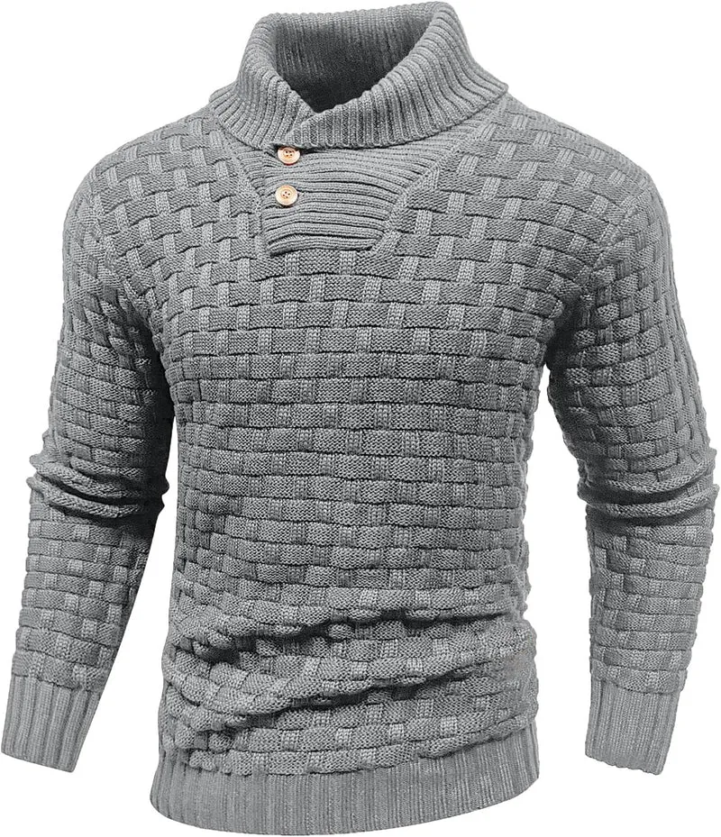 Herren Grobgestrickter Pullover mit hohem Rollkragen, Knopfleiste und Körbchenstrick Nord Taschen