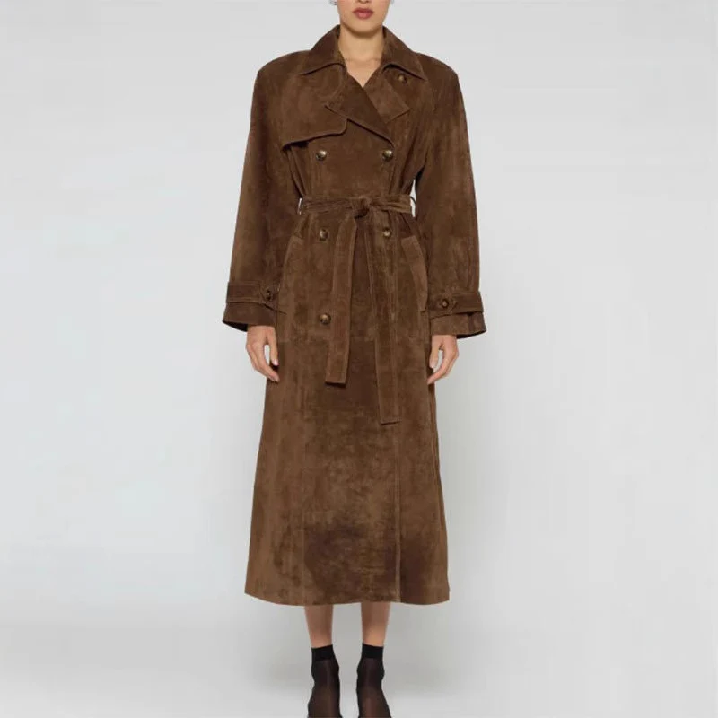 Damen Langer Veloursledermantel im minimalistischen Trench‑Look mit soften Revers Nord Taschen