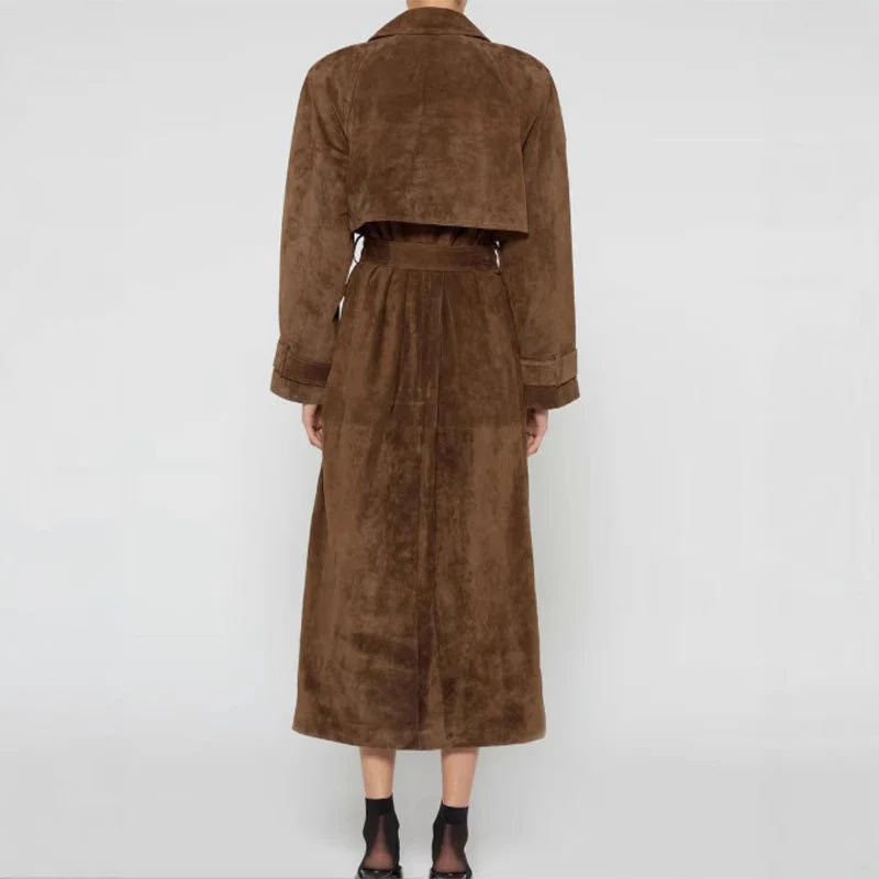 Damen Langer Veloursledermantel im minimalistischen Trench‑Look mit soften Revers Nord Taschen
