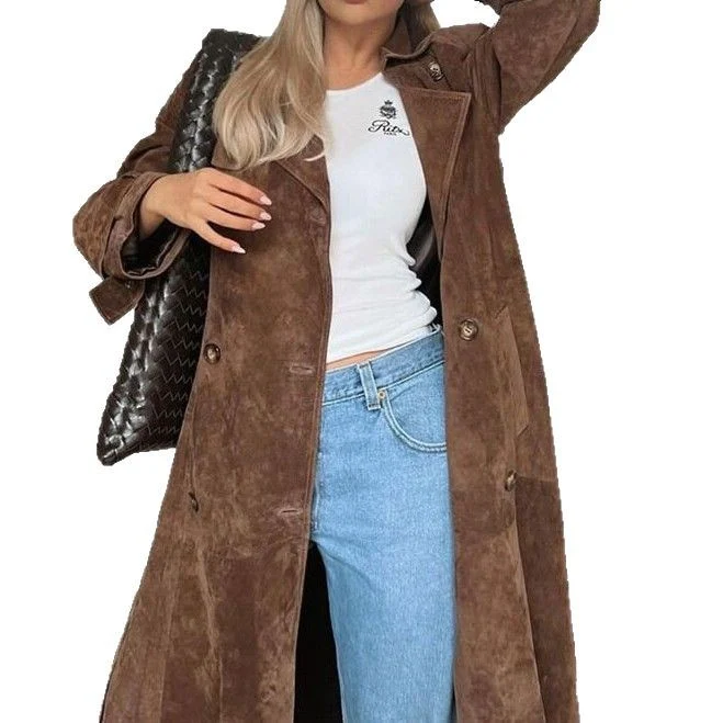 Damen Langer Veloursledermantel im minimalistischen Trench‑Look mit soften Revers Nord Taschen