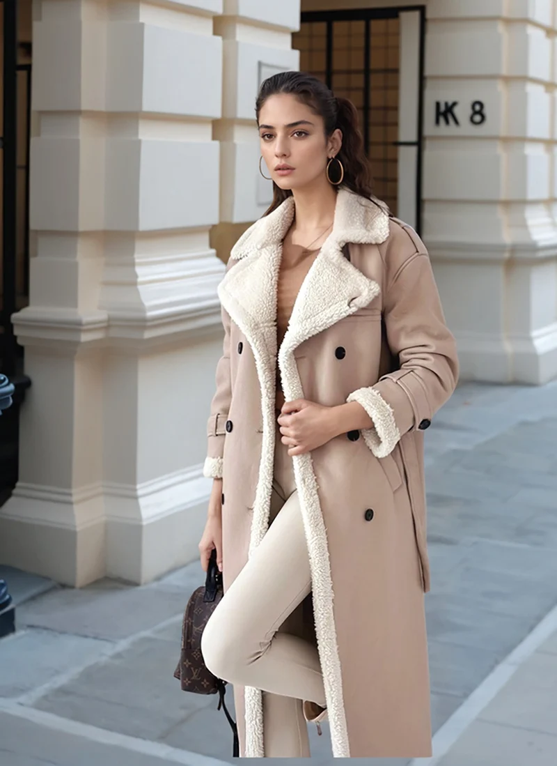 Damen Langer Mantel mit Teddyfutter, doppelreihiger Knopfleiste und tailliertem Schnitt Nord Taschen