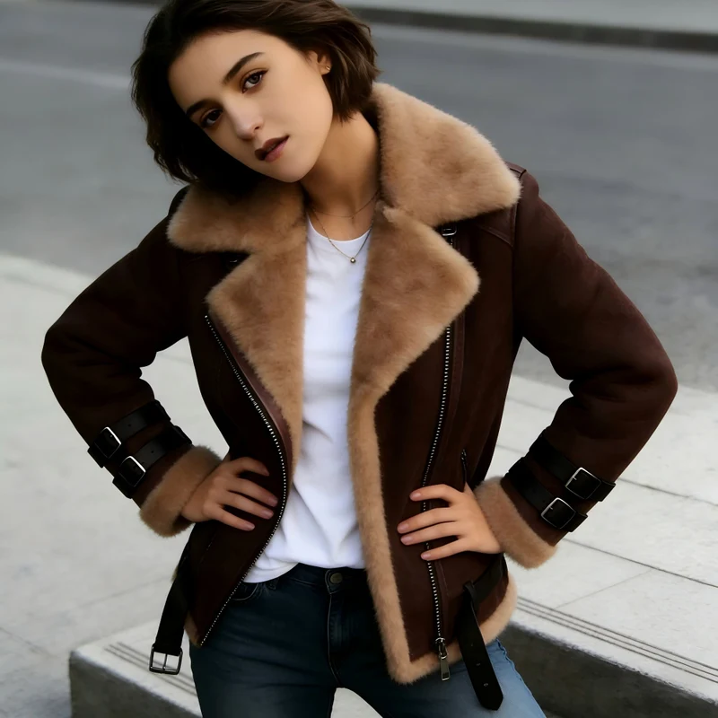 Damen Kurzjacke im Fliegerstil mit abgesetztem Fellkragen und verstellbaren Schnallen Nord Taschen