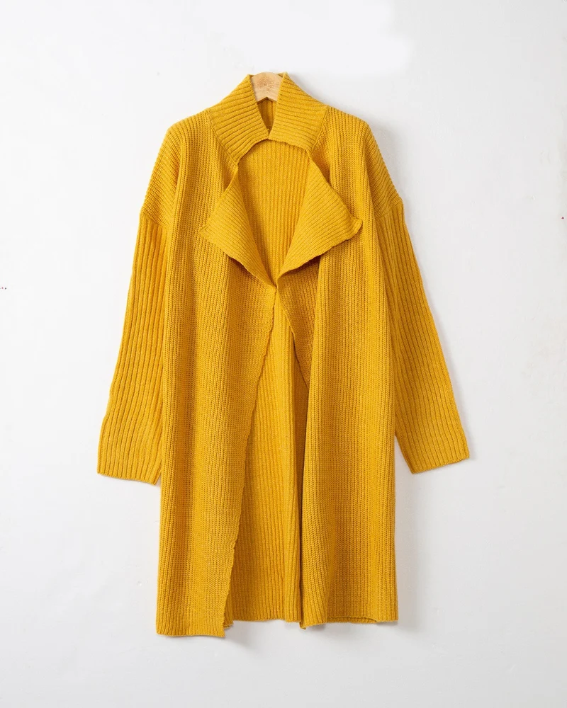 Damen langer offener Rippstrick-Cardigan mit weitem Schalkragen Nord Taschen