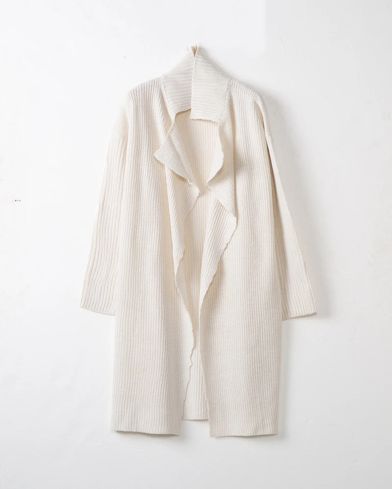 Damen langer offener Rippstrick-Cardigan mit weitem Schalkragen Nord Taschen