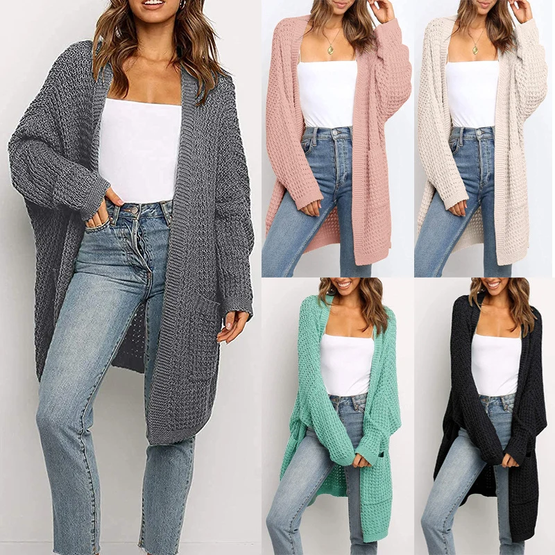 Damen Langer Offener Grobstrick-Cardigan im Cocoon-Schnitt mit Eingrifftaschen Nord Taschen
