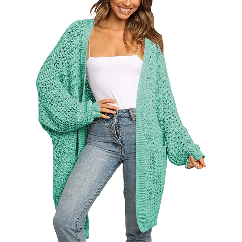Damen Langer Offener Grobstrick-Cardigan im Cocoon-Schnitt mit Eingrifftaschen Nord Taschen