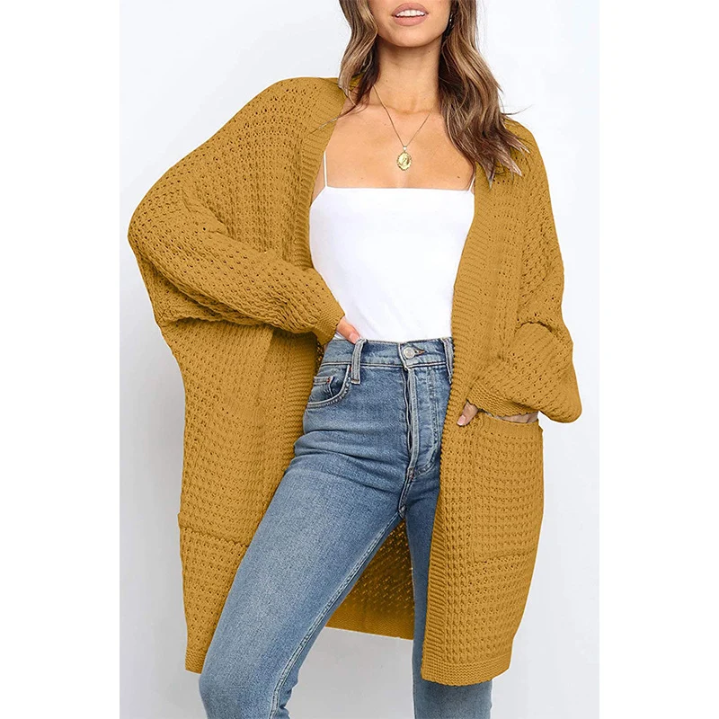 Damen Langer Offener Grobstrick-Cardigan im Cocoon-Schnitt mit Eingrifftaschen Nord Taschen