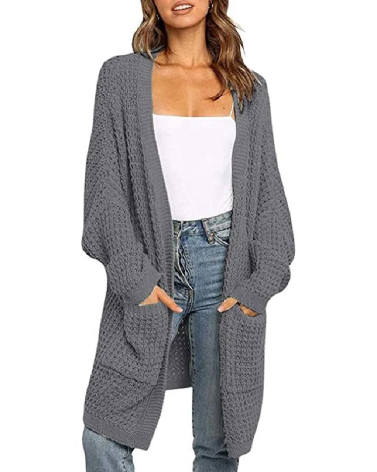 Damen Langer Offener Grobstrick-Cardigan im Cocoon-Schnitt mit Eingrifftaschen Nord Taschen