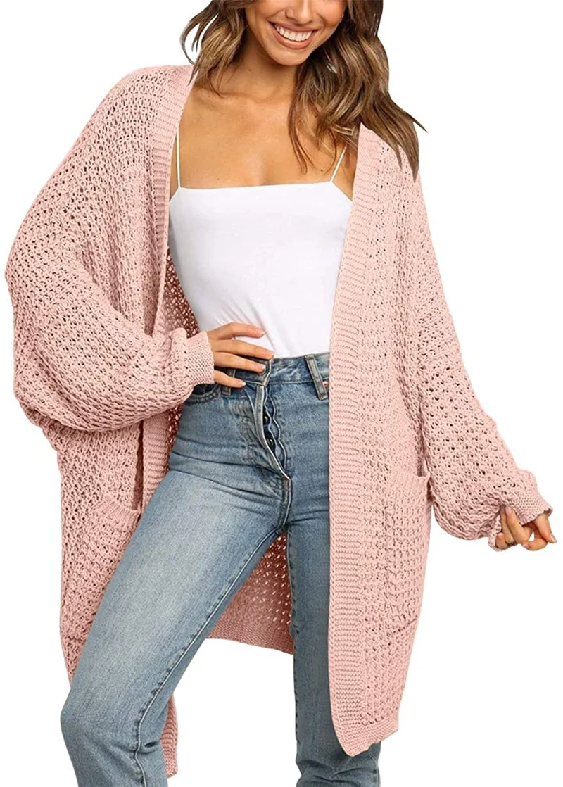 Damen Langer Offener Grobstrick-Cardigan im Cocoon-Schnitt mit Eingrifftaschen Nord Taschen