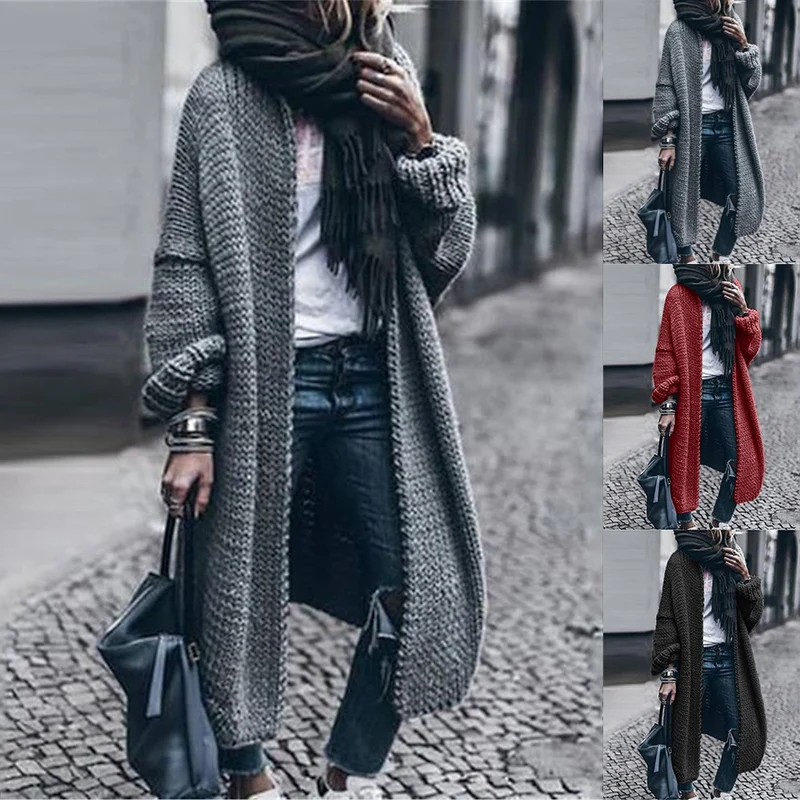 Damen Langer Grobstrick-Mantelcardigan mit überschnittener Schulter und offener Front Nord Taschen