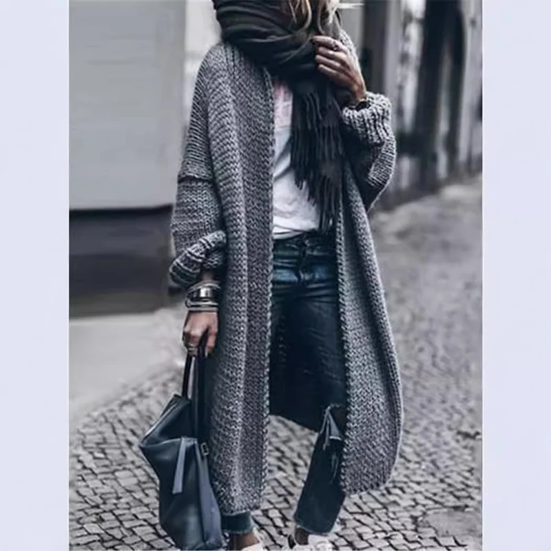 Damen Langer Grobstrick-Mantelcardigan mit überschnittener Schulter und offener Front Nord Taschen