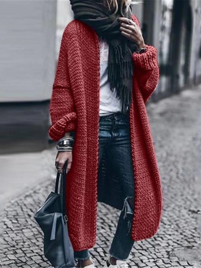 Damen Langer Grobstrick-Mantelcardigan mit überschnittener Schulter und offener Front Nord Taschen