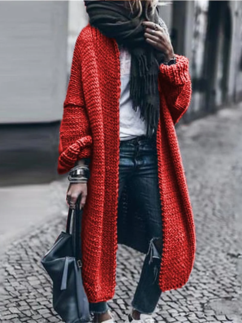 Damen Langer Grobstrick-Mantelcardigan mit überschnittener Schulter und offener Front Nord Taschen
