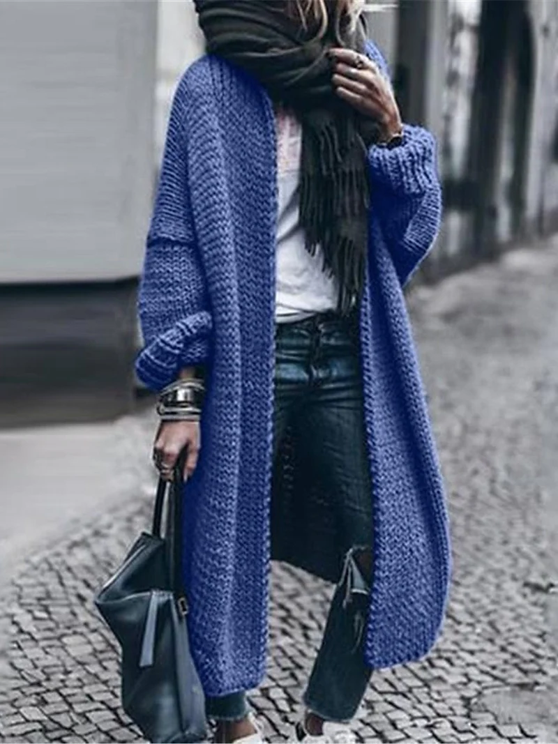 Damen Langer Grobstrick-Mantelcardigan mit überschnittener Schulter und offener Front Nord Taschen