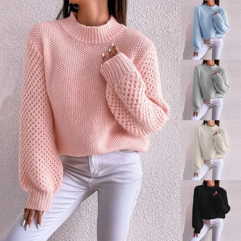 Damen Kurzgeschnitteter Grobstrick-Pullover mit Voluminösen Netzstruktur-Ärmeln und Stehkragen Nord Taschen