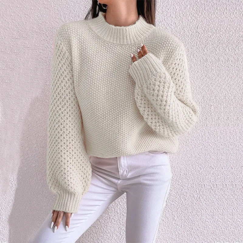 Damen Kurzgeschnitteter Grobstrick-Pullover mit Voluminösen Netzstruktur-Ärmeln und Stehkragen Nord Taschen
