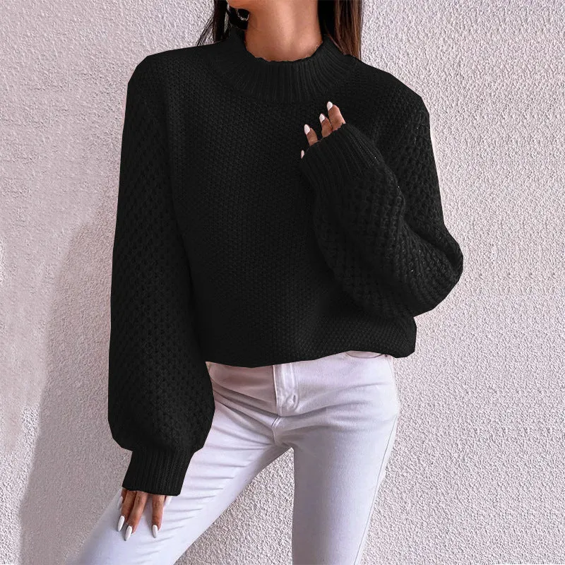 Damen Kurzgeschnitteter Grobstrick-Pullover mit Voluminösen Netzstruktur-Ärmeln und Stehkragen Nord Taschen