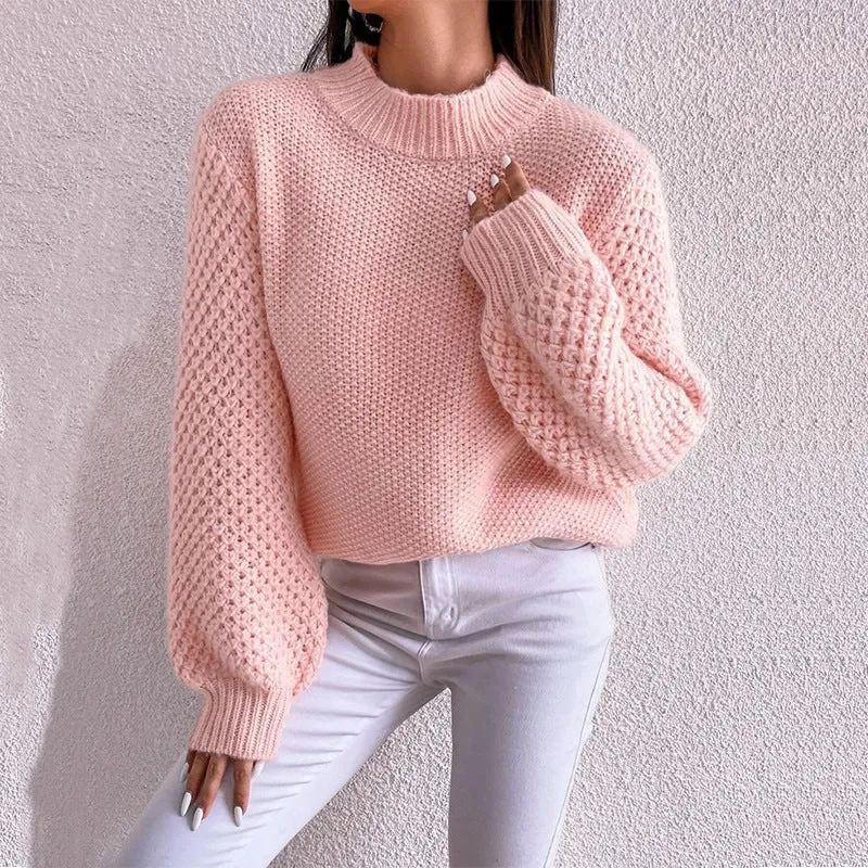 Damen Kurzgeschnitteter Grobstrick-Pullover mit Voluminösen Netzstruktur-Ärmeln und Stehkragen Nord Taschen