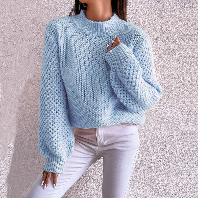 Damen Kurzgeschnitteter Grobstrick-Pullover mit Voluminösen Netzstruktur-Ärmeln und Stehkragen Nord Taschen