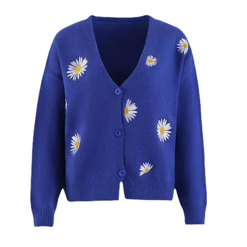 Damen Kurzgeschnittener V-Ausschnitt-Strickcardigan mit gestickten Gänseblümchen und Rippbündchen Nord Taschen