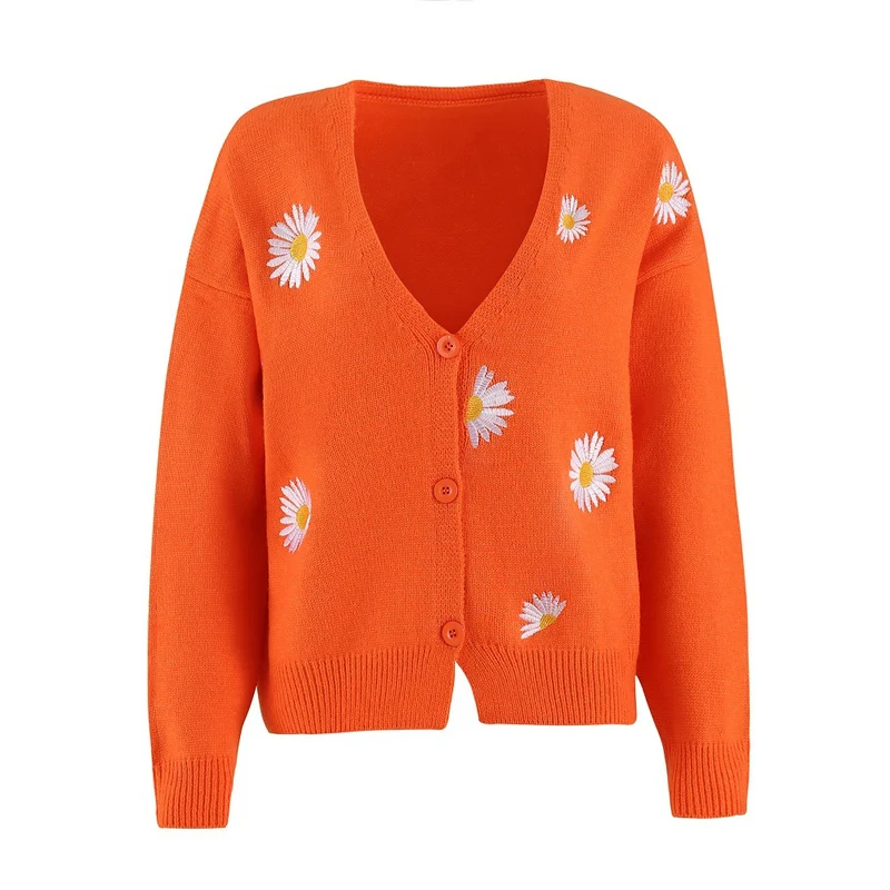 Damen Kurzgeschnittener V-Ausschnitt-Strickcardigan mit gestickten Gänseblümchen und Rippbündchen Nord Taschen