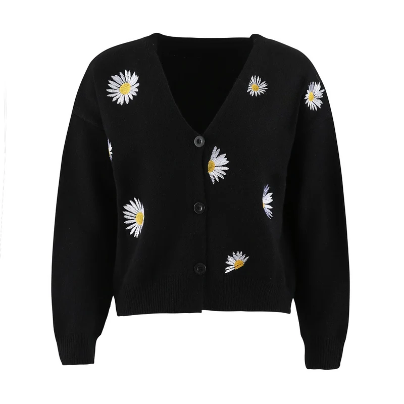 Damen Kurzgeschnittener V-Ausschnitt-Strickcardigan mit gestickten Gänseblümchen und Rippbündchen Nord Taschen