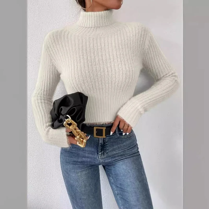 Damen Kurzer Rippstrick-Rollkragenpullover mit flauschiger Mohair‑Optik Nord Taschen