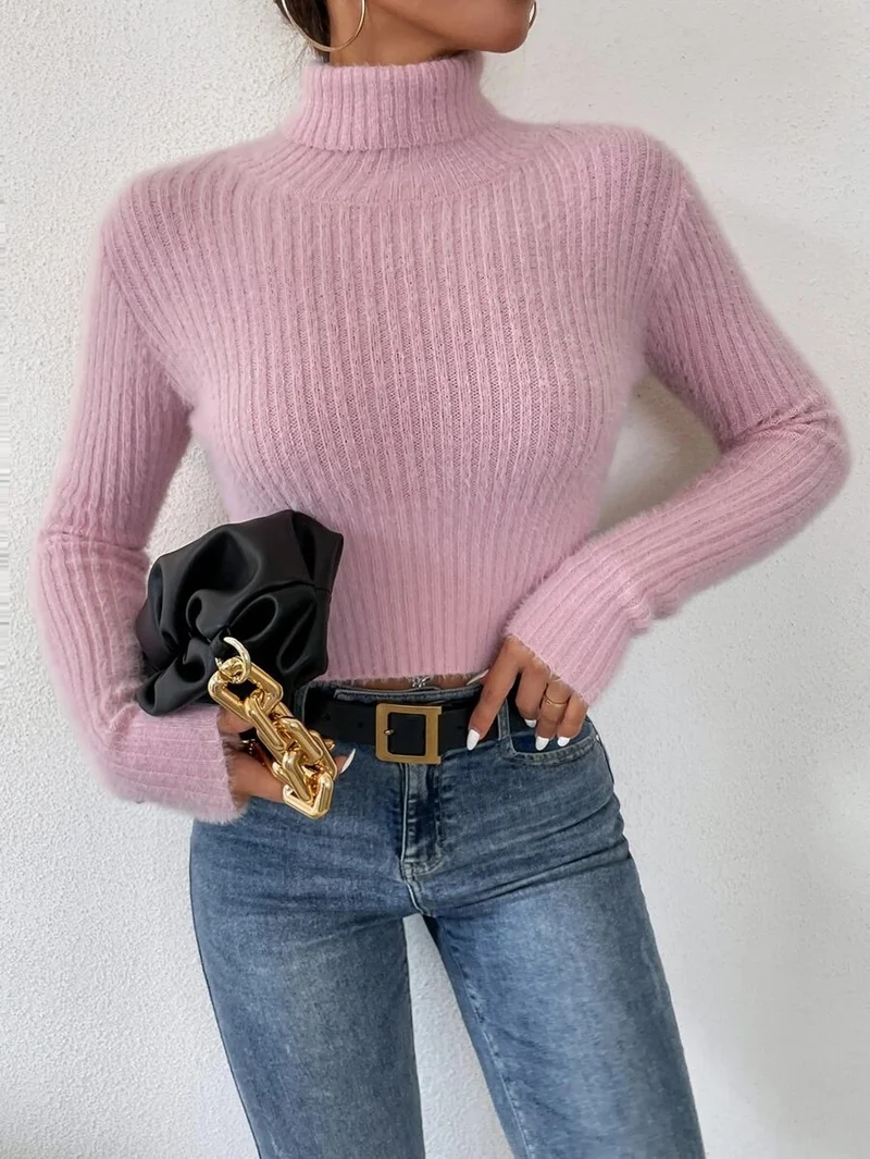 Damen Kurzer Rippstrick-Rollkragenpullover mit flauschiger Mohair‑Optik Nord Taschen