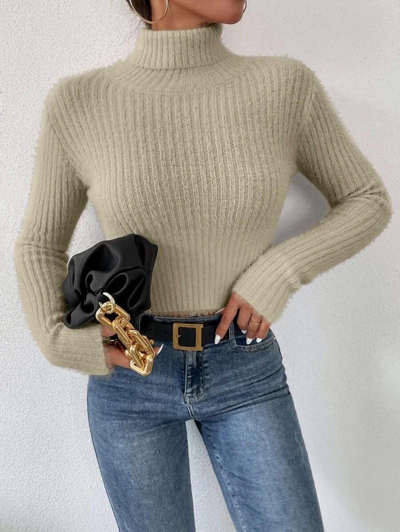Damen Kurzer Rippstrick-Rollkragenpullover mit flauschiger Mohair‑Optik Nord Taschen