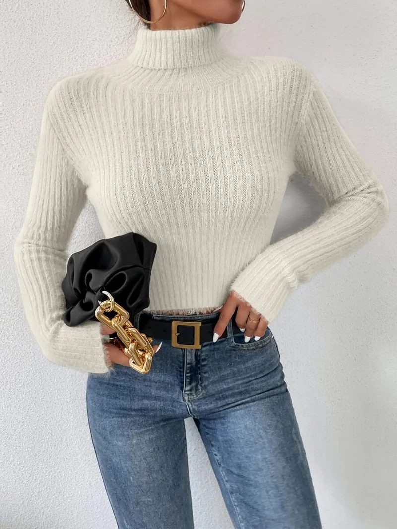 Damen Kurzer Rippstrick-Rollkragenpullover mit flauschiger Mohair‑Optik Nord Taschen