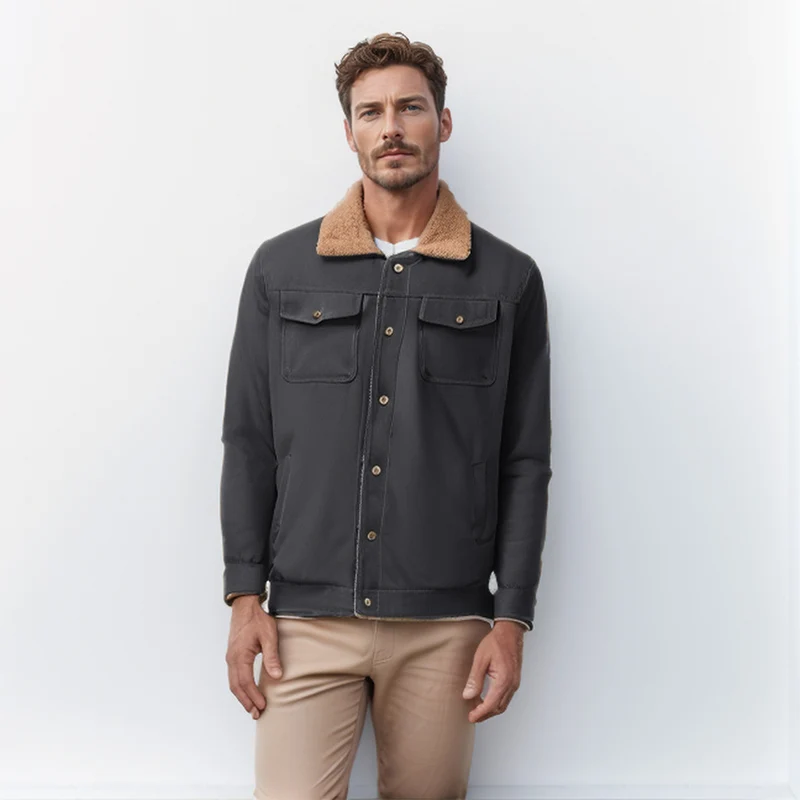 Herren Workwear-Jacke mit Teddykragen und Druckknopfleiste Nord Taschen