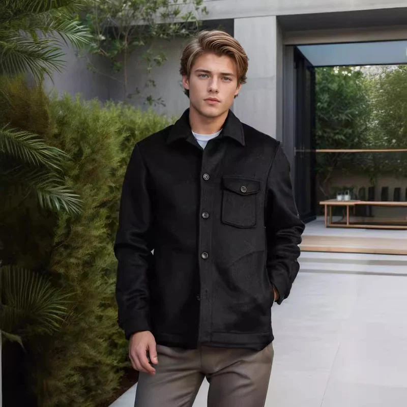Herren Wollmix-Workerjacke mit Brusttasche und Hemdkragen Nord Taschen