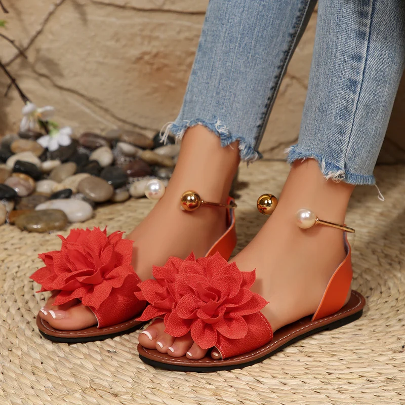 Damen komfortable Sandalen mit dekorativen Blumen-Applikationen